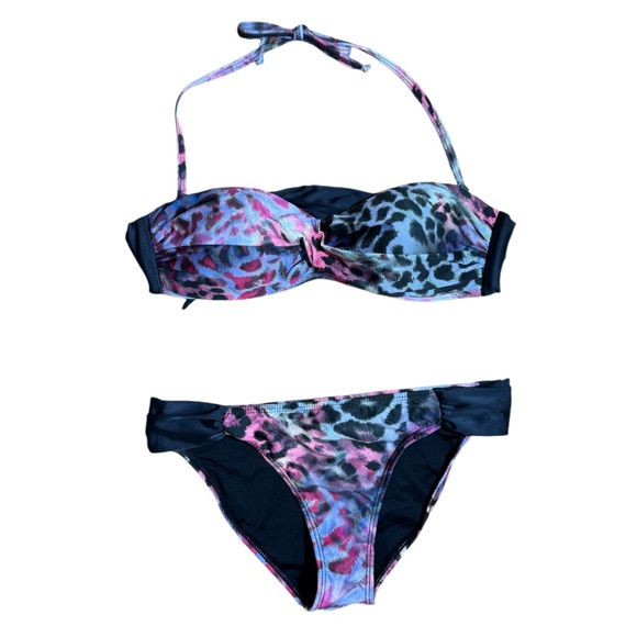 PILYQ Womens Bikini Purple/Pink/Black Leopard Print bandeau twist top S Bottom M - Picture 1 of 12